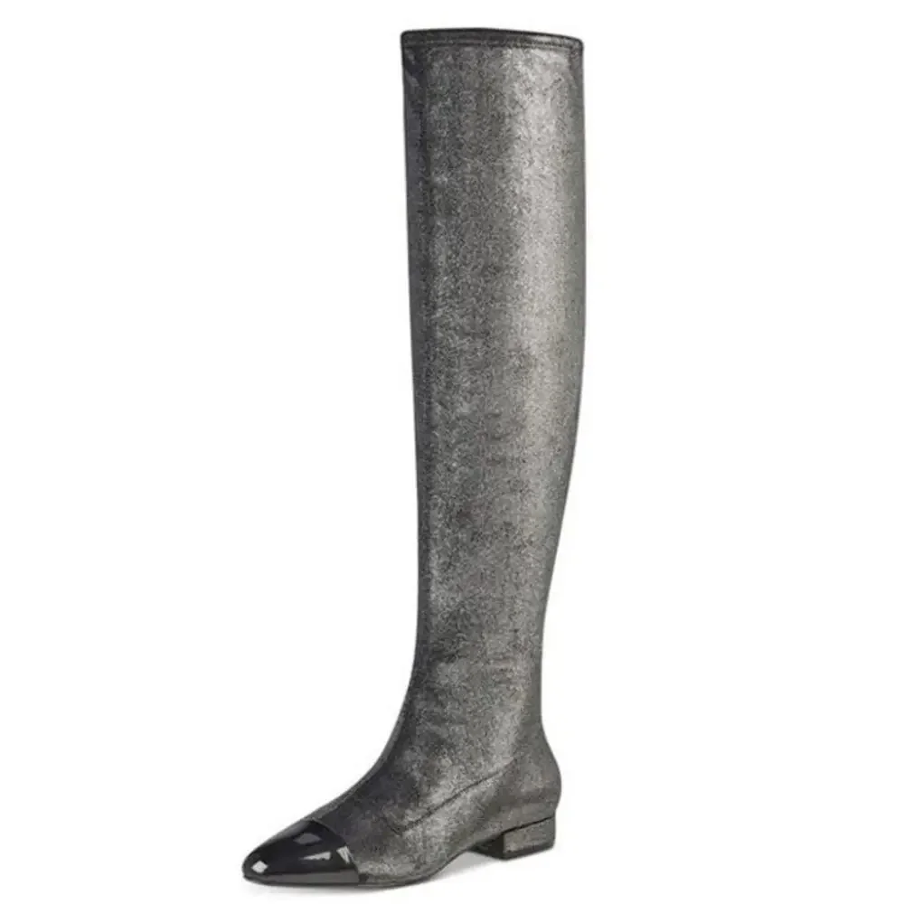 Women's Charcoal Grey Metallic Over-The-Knee Stretch Boots | Size 7.5 M | NEW